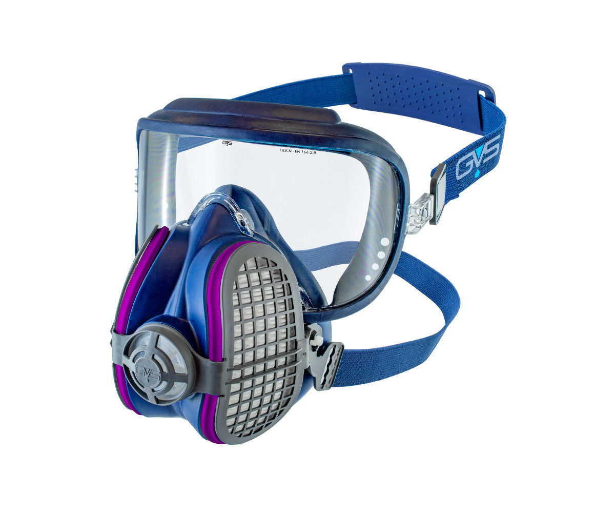 Masque complet de protection respiratoire GVS Integra, jupe faciale en silicone ultra-souple, large écran panoramique anti-buée, compatible filtres interchangeables, certifié CE pour protection contre gaz, vapeurs et particules en milieu industriel.