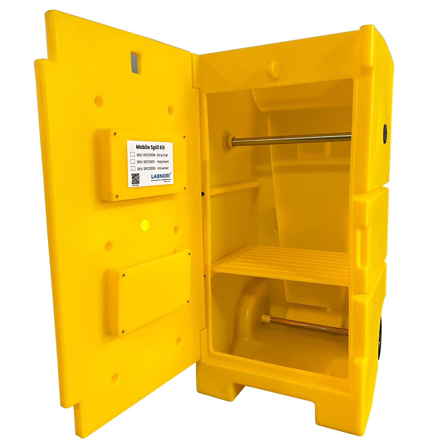 Kit de rétention et anti-pollution avec absorbants, palette de rétention et chariot d'intervention portable, conçu pour le confinement rapide des déversements de liquides dangereux et la prévention de la pollution en milieu industriel.